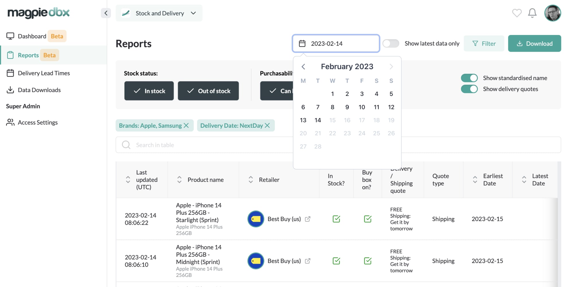 Export data however you need it in Magpie DBX for Stock & Delivery Monitoring