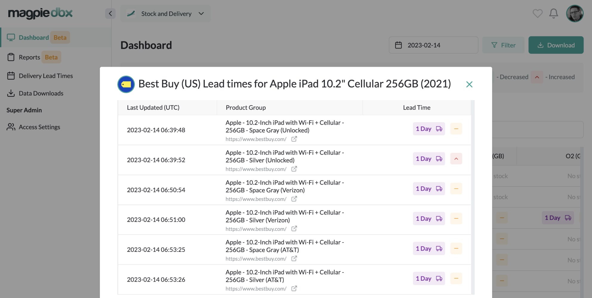 Receive email alerts for Stock & Delivery Monitoring in Magpie DBX