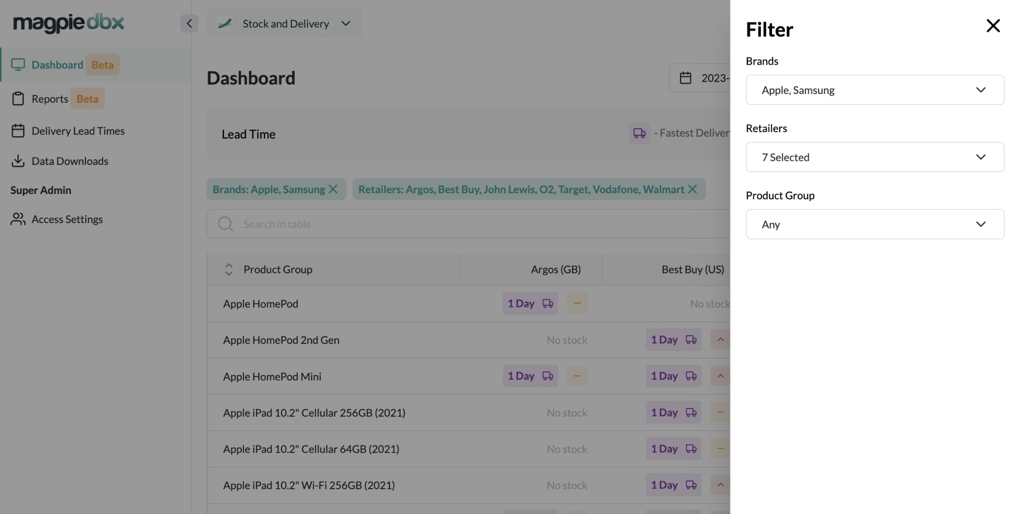 Filter reports in Magpie DBX for Stock & Delivery monitoring